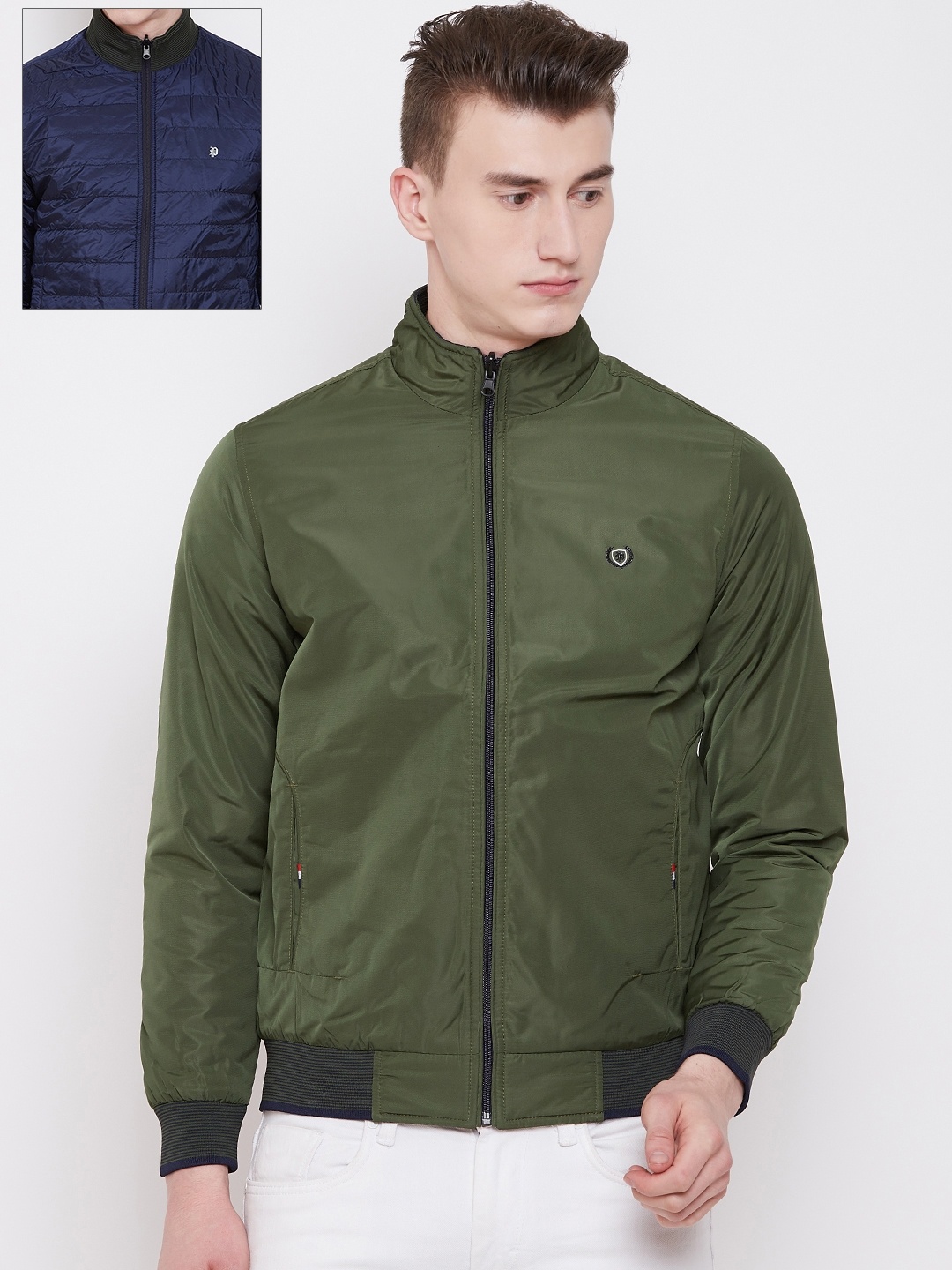 

Pierre Carlo Men Olive Green & Navy Blue Solid Reversible Padded Jacket