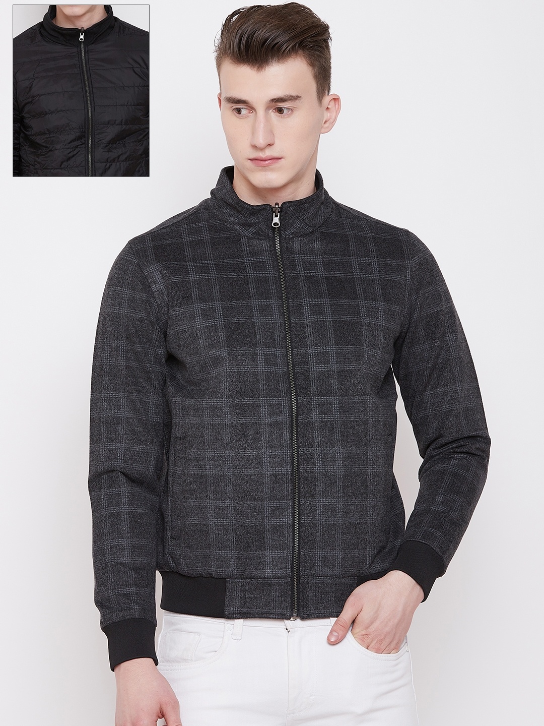 

Pierre Carlo Men Charcoal Grey & Black Checked Reversible Jacket