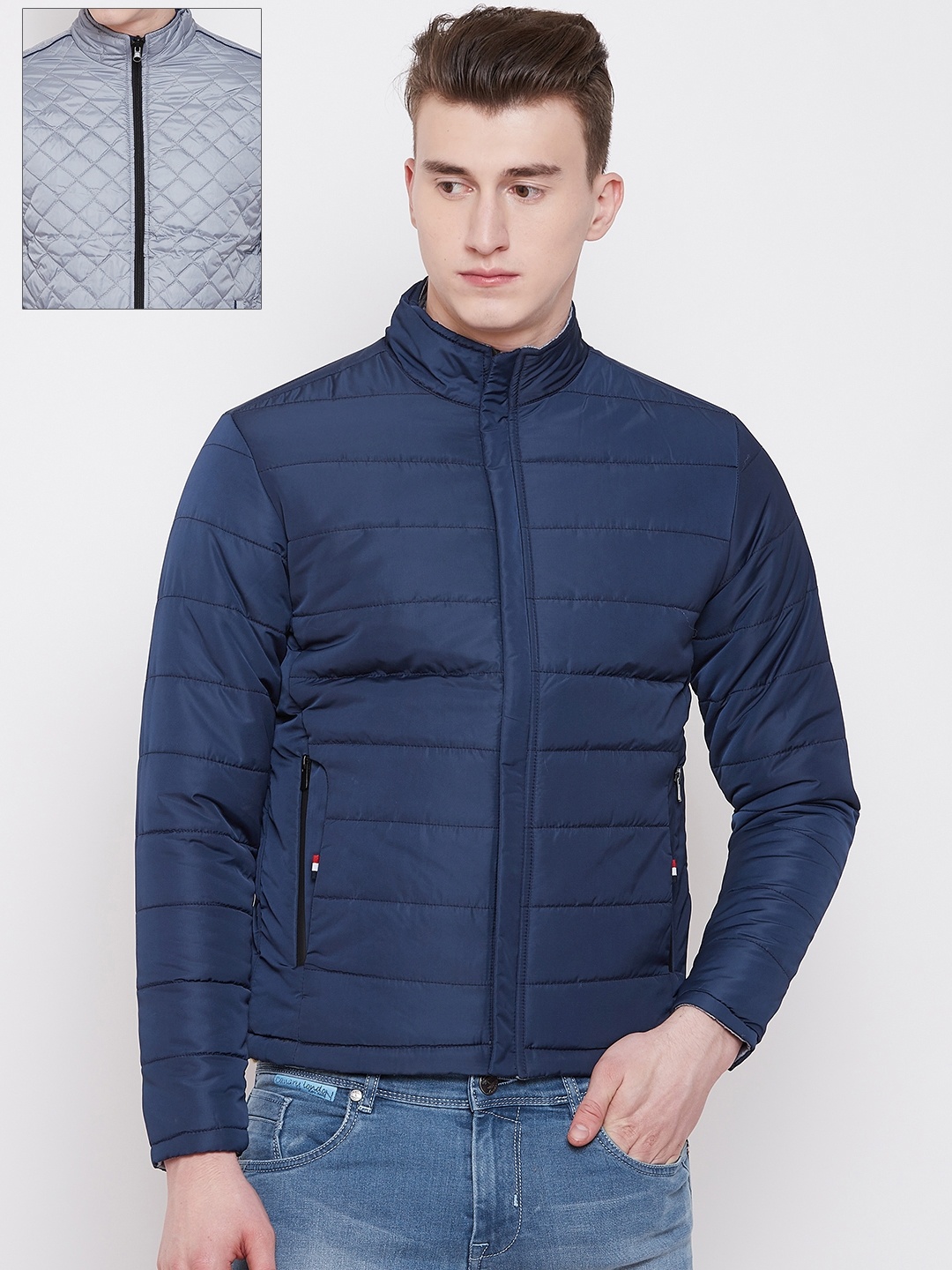 

Pierre Carlo Men Navy Blue & Grey Solid Reversible Padded Jacket
