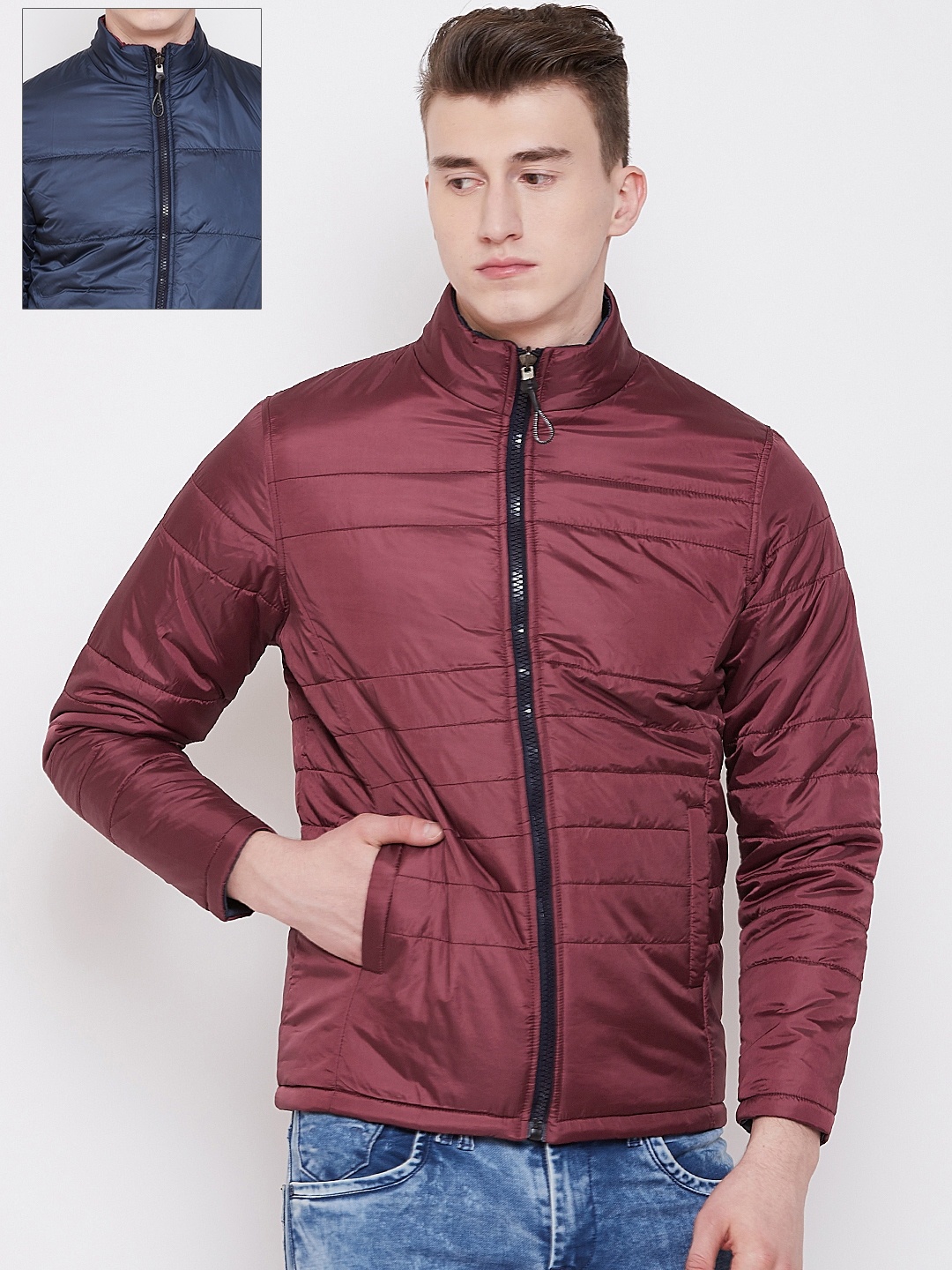 

Pierre Carlo Men Maroon & Navy Blue Solid Reversible Padded Jacket