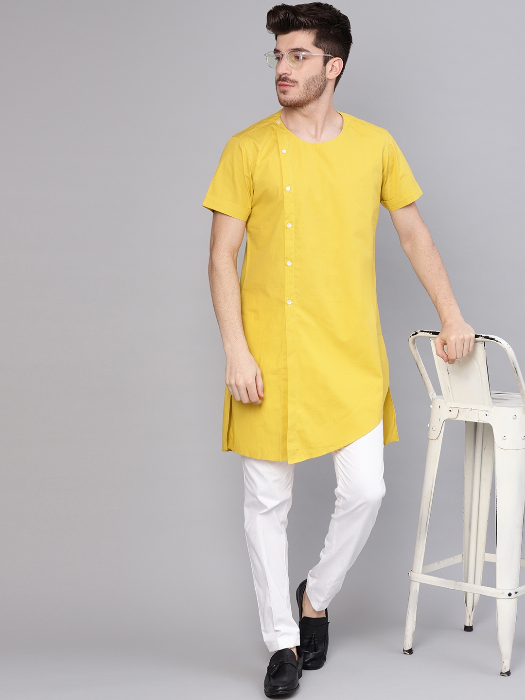 

See Designs Men Mustard Yellow Solid Asymmetric Kurta