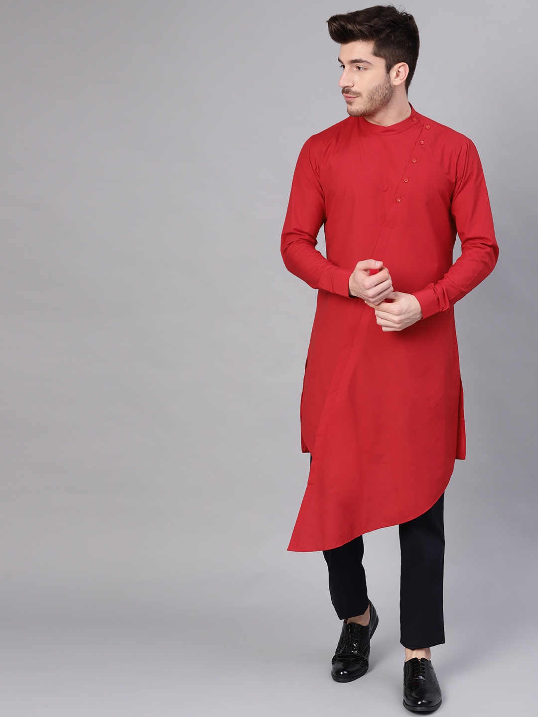 

See Designs Men Red Solid Asymmetric Straight Kurta