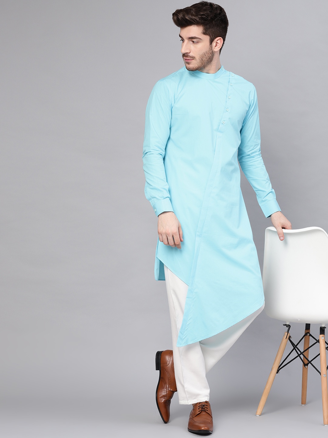 

See Designs Men Blue Solid Asymmetrical Hemline Straight Kurta