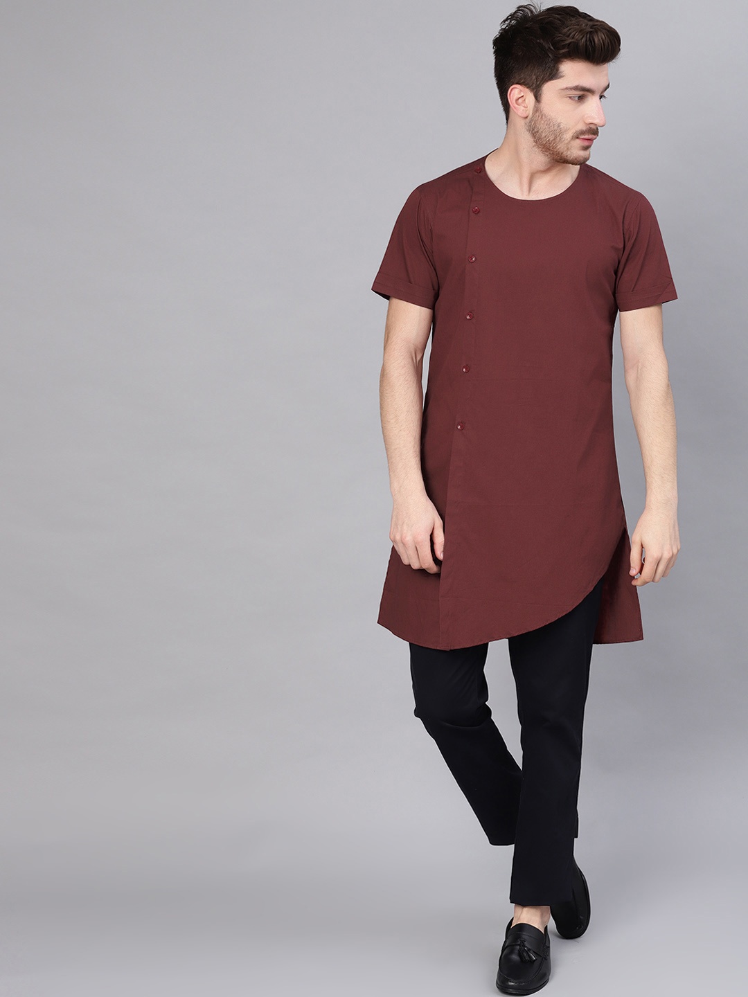 

See Designs Men Maroon Solid Angrakha Kurta