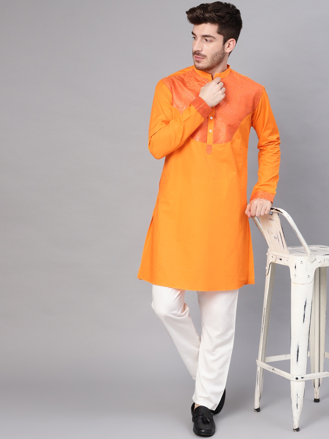 

See Designs Men Orange Yoke Design Straight Kurta