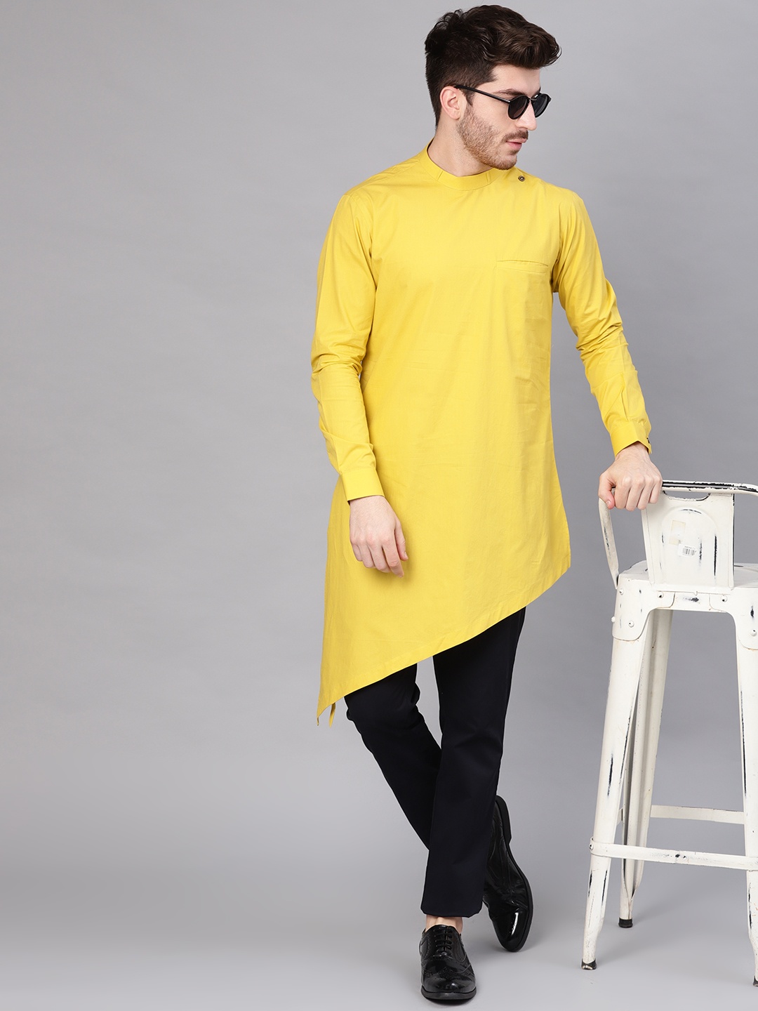 

See Designs Men Yellow Solid Straight Asymmetric Kurta