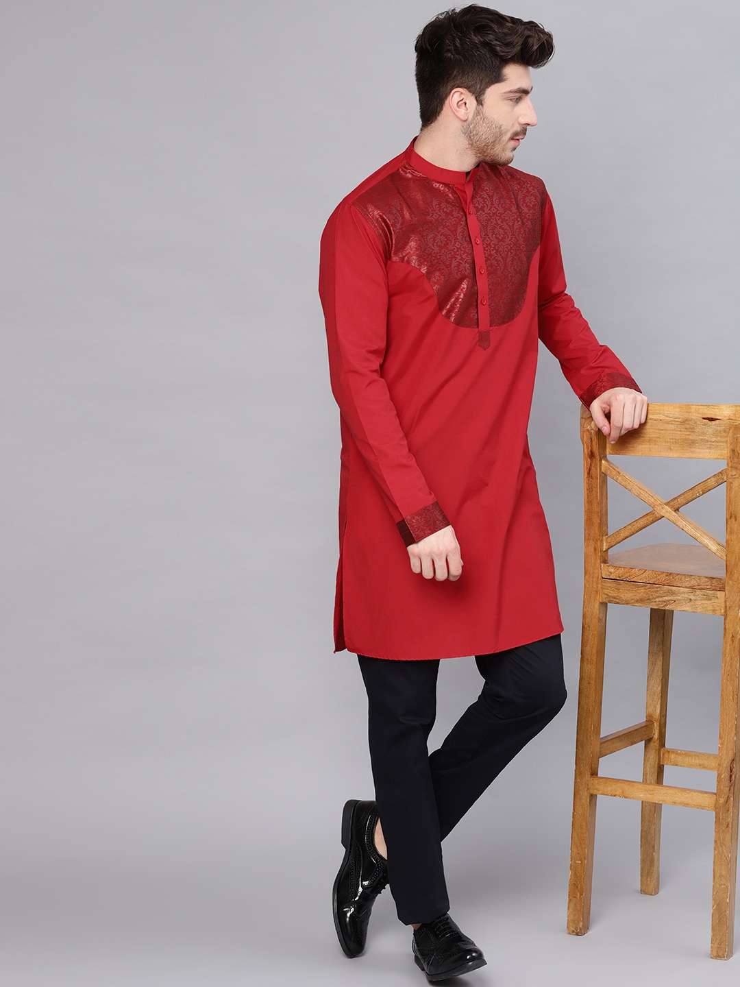 

See Designs Men Red Yoke Design Straight Kurta