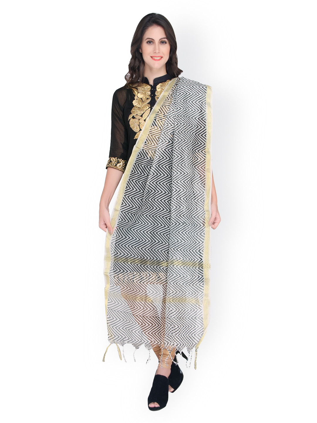 

Dupatta Bazaar White Chevron Print Chanderi Silk Dupatta