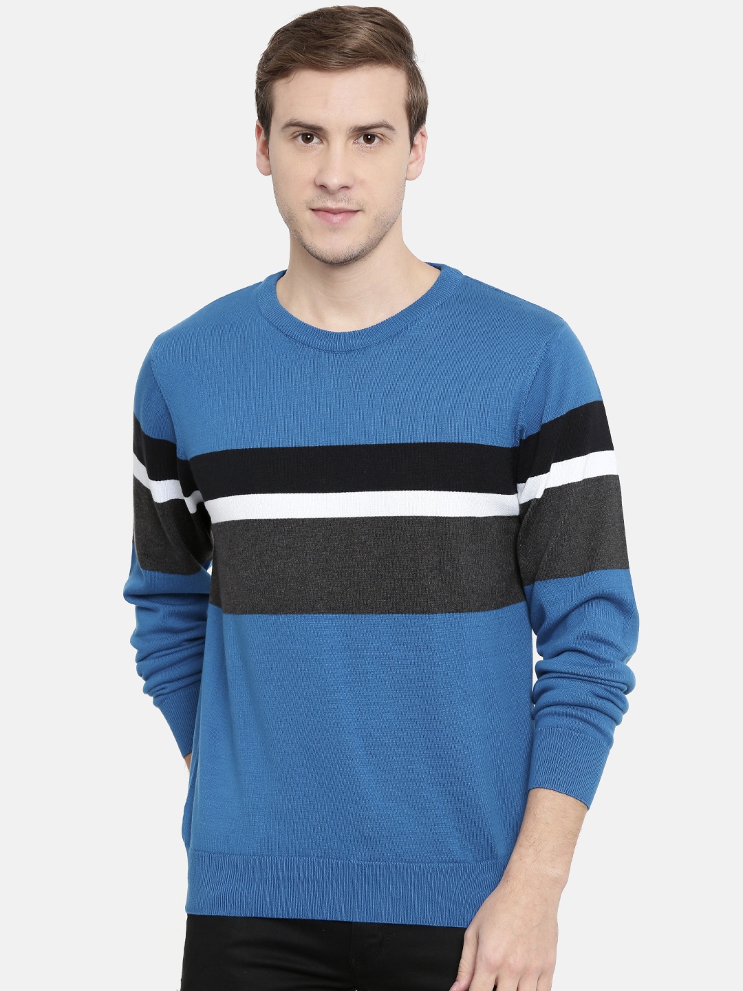 

Parx Men Blue & Charcoal Grey Colourblocked Sweater