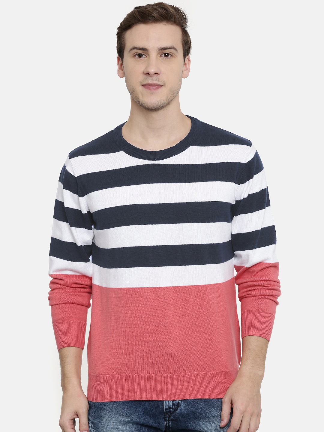 

Parx Men White & Navy Blue Striped Sweater