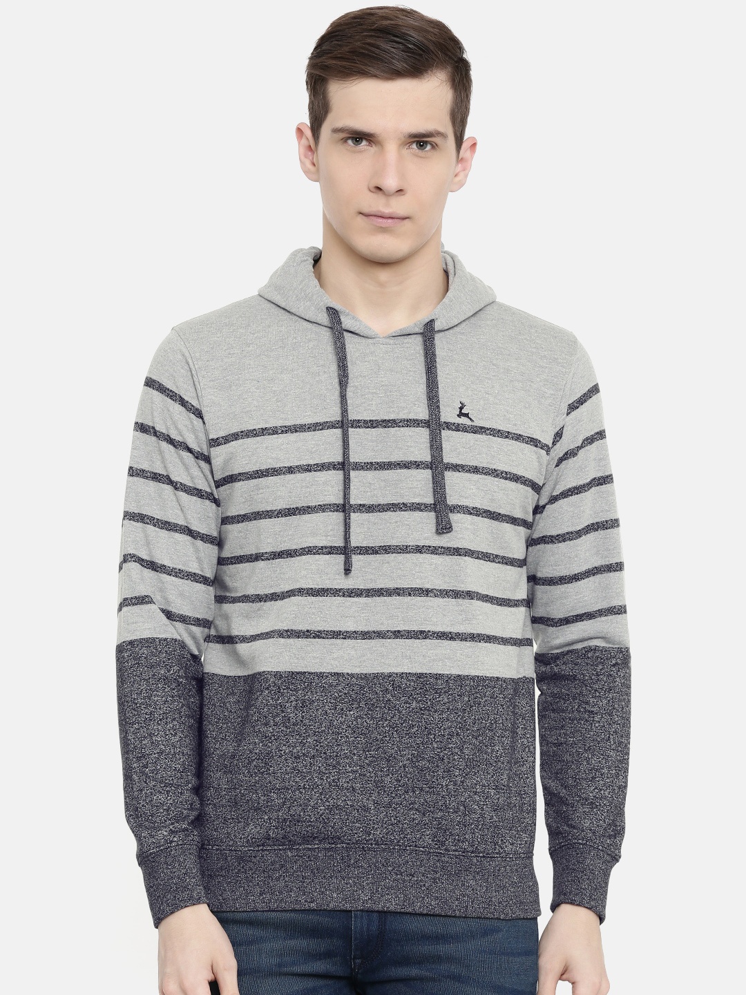 

Parx Men Grey Melange & Black Striped Hooded Sweatshirt