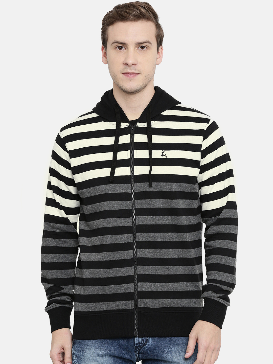 

Parx Men Black & Off-White Striped Hooded Sweatshirt