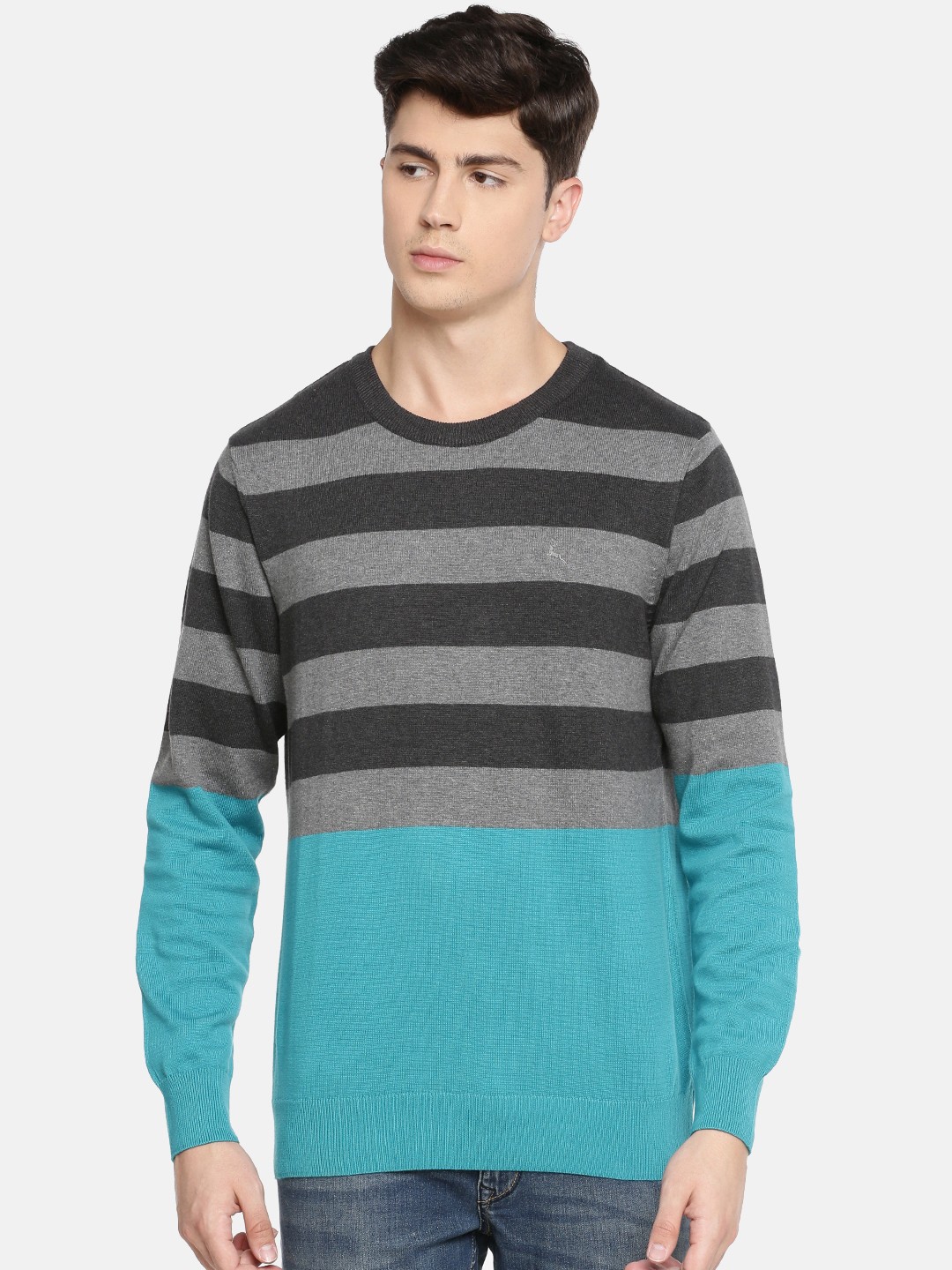 

Parx Men Grey & Turquoise Blue Striped Sweater
