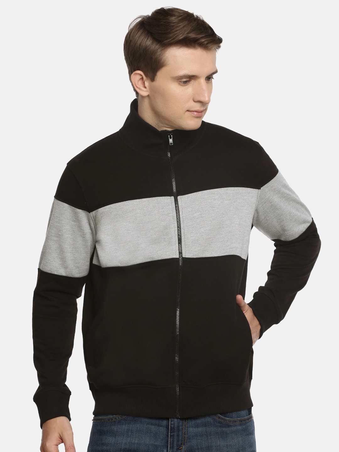 

Parx Men Black & Grey Melange Colourblocked Sweatshirt