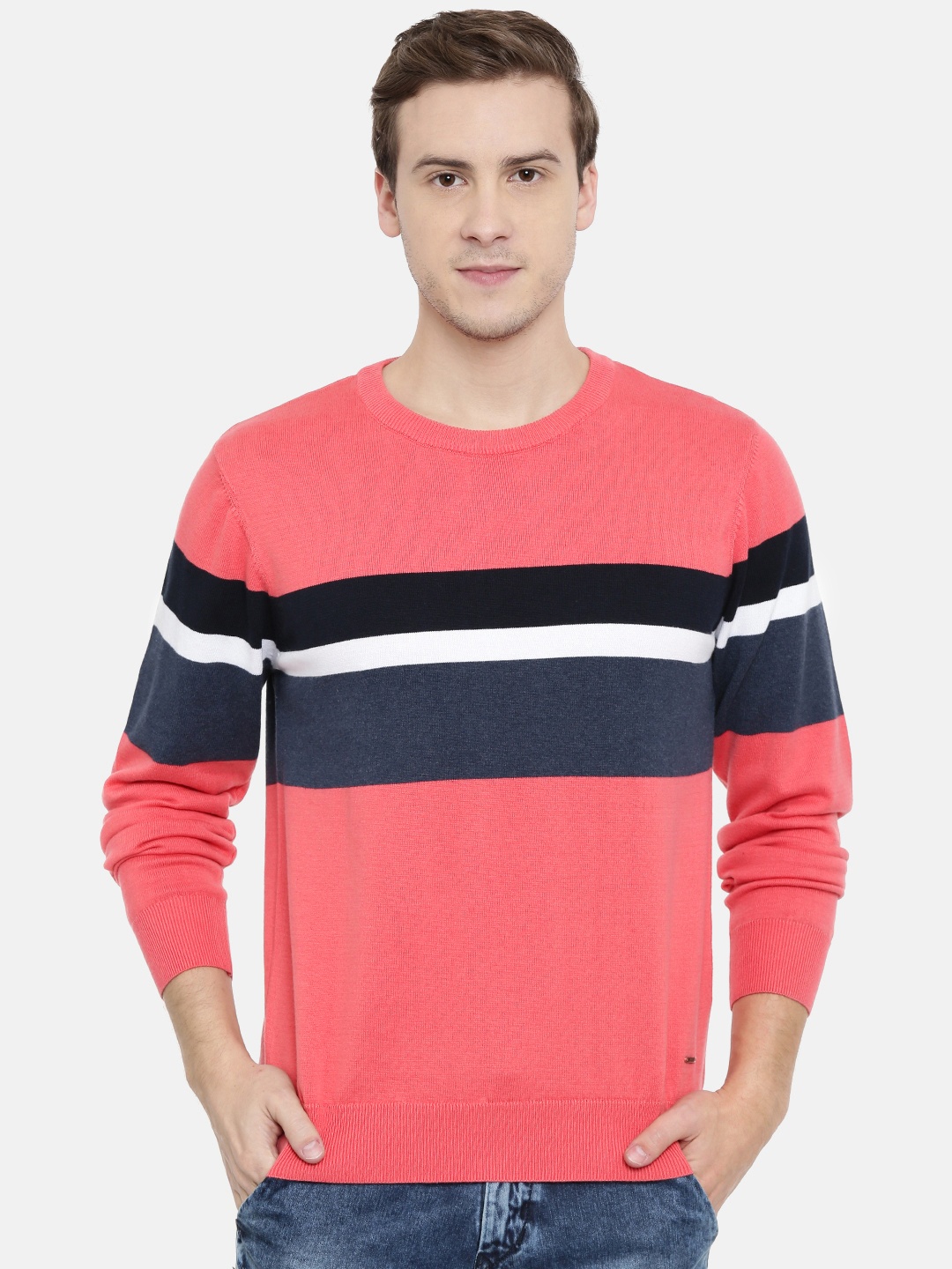 

Parx Men Peach-Coloured & Navy Blue Colourblocked Sweater