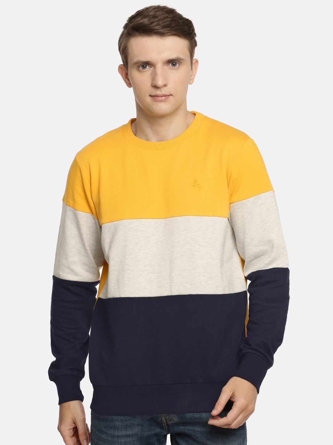 

Parx Men Blue & Mustard Yellow Colourblocked Sweatshirt