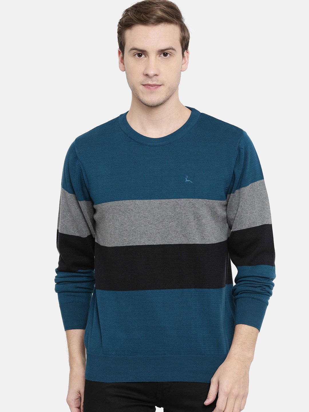 

Parx Men Teal Blue & Grey Colourblocked Sweater