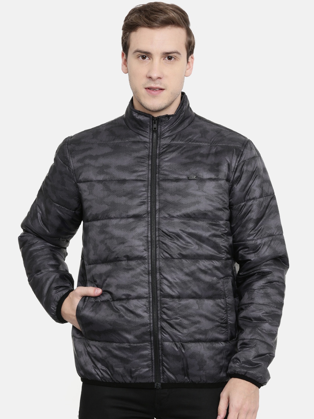 

Parx Men Charcoal Grey and Black Printed Puffer Jacket