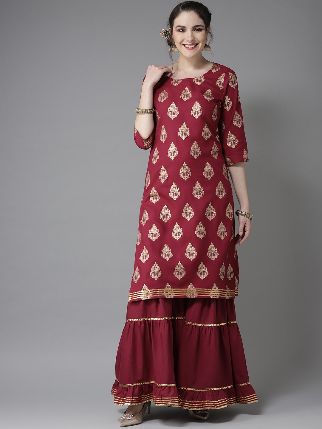 

HERE&NOW Women Maroon & Golden Printed Kurta with Palazzos