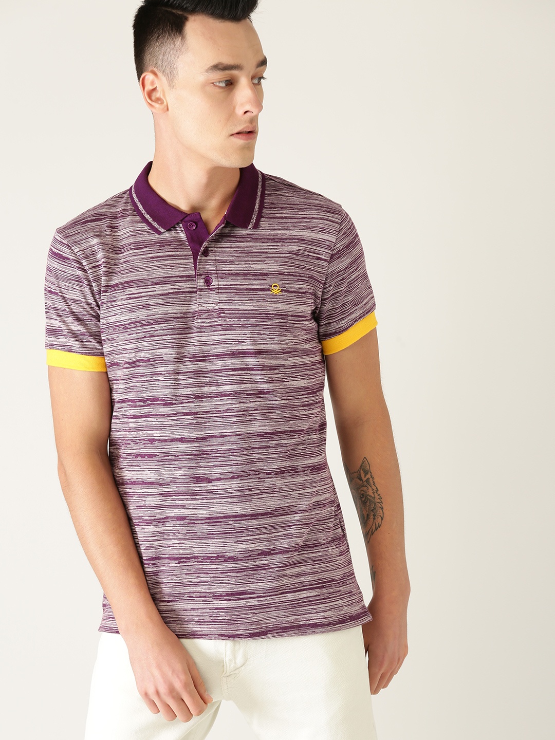 

United Colors of Benetton Men Purple Striped Polo Collar T-shirt