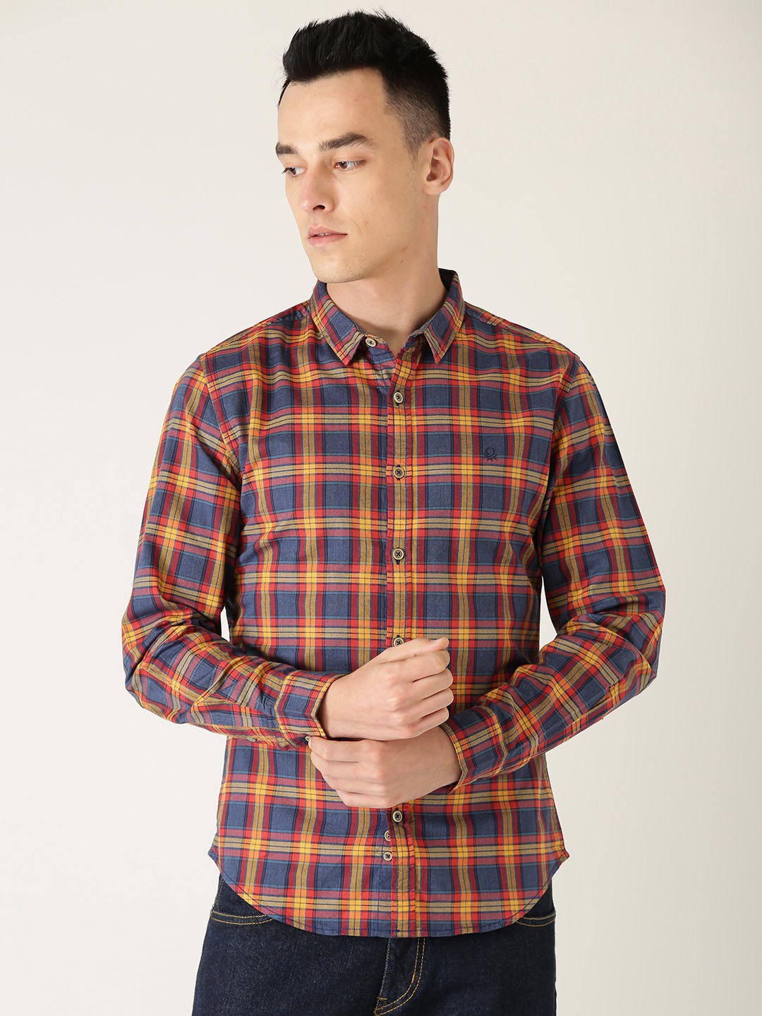 

United Colors of Benetton Men Navy Blue & Orange Slim Fit Checked Knitted Casual Shirt
