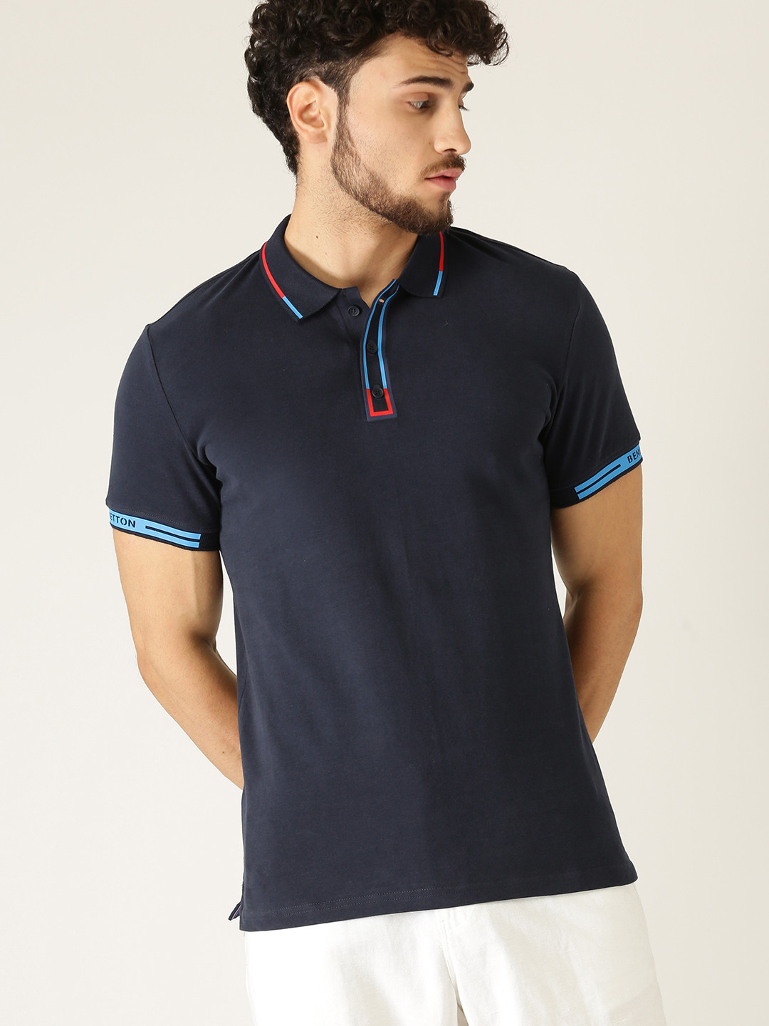 

United Colors of Benetton Men Navy Blue Solid Polo Collar T-shirt