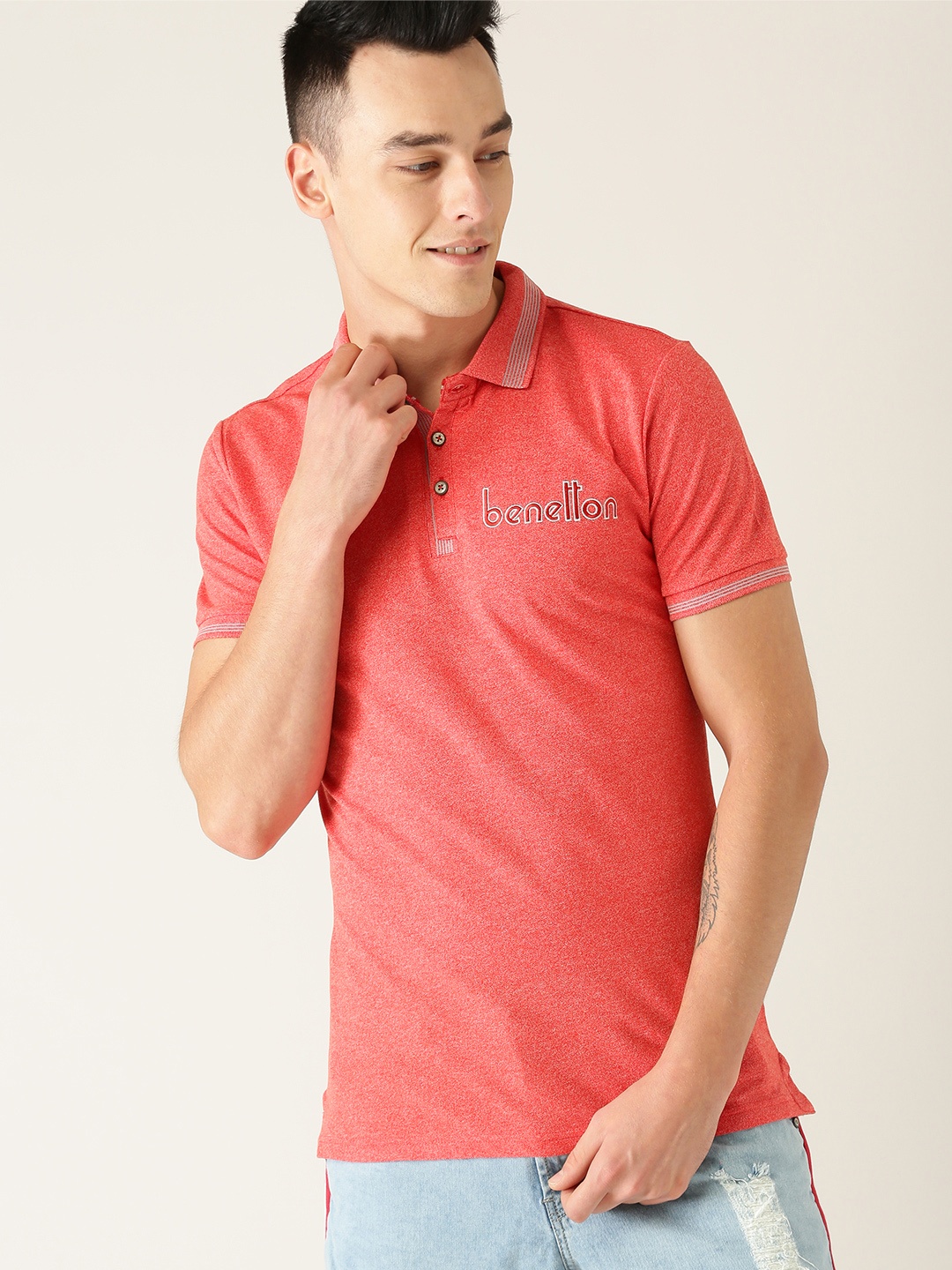 

United Colors of Benetton Men Coral Red Solid Polo Collar T-shirt