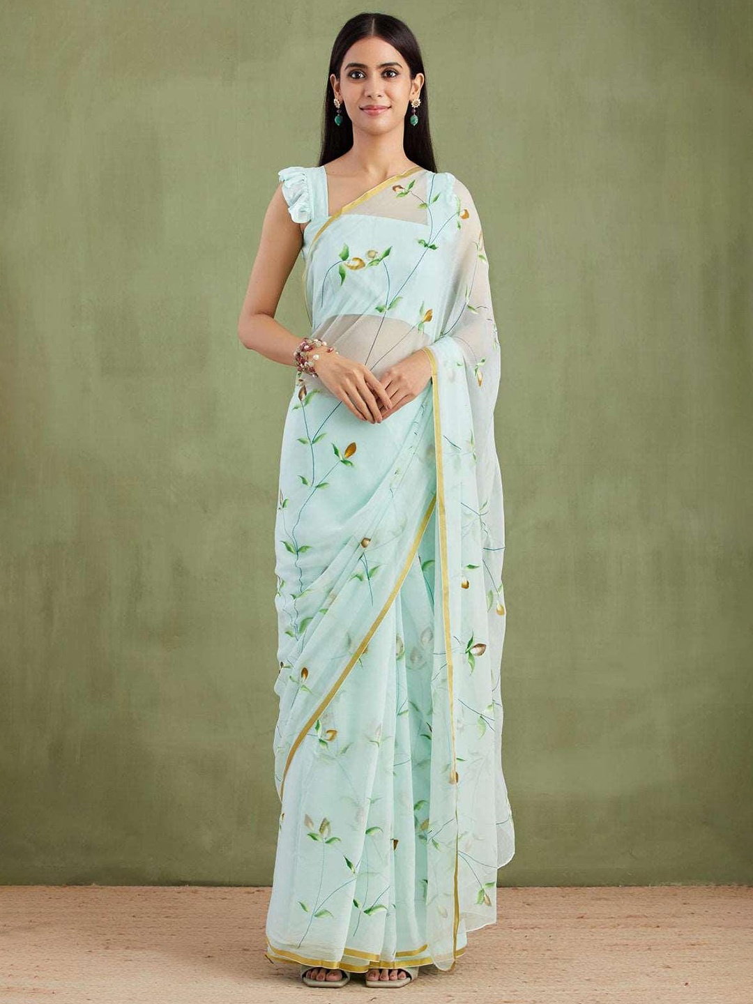 

Geroo Jaipur Green Hand Painted Floral Pure Chiffon Saree