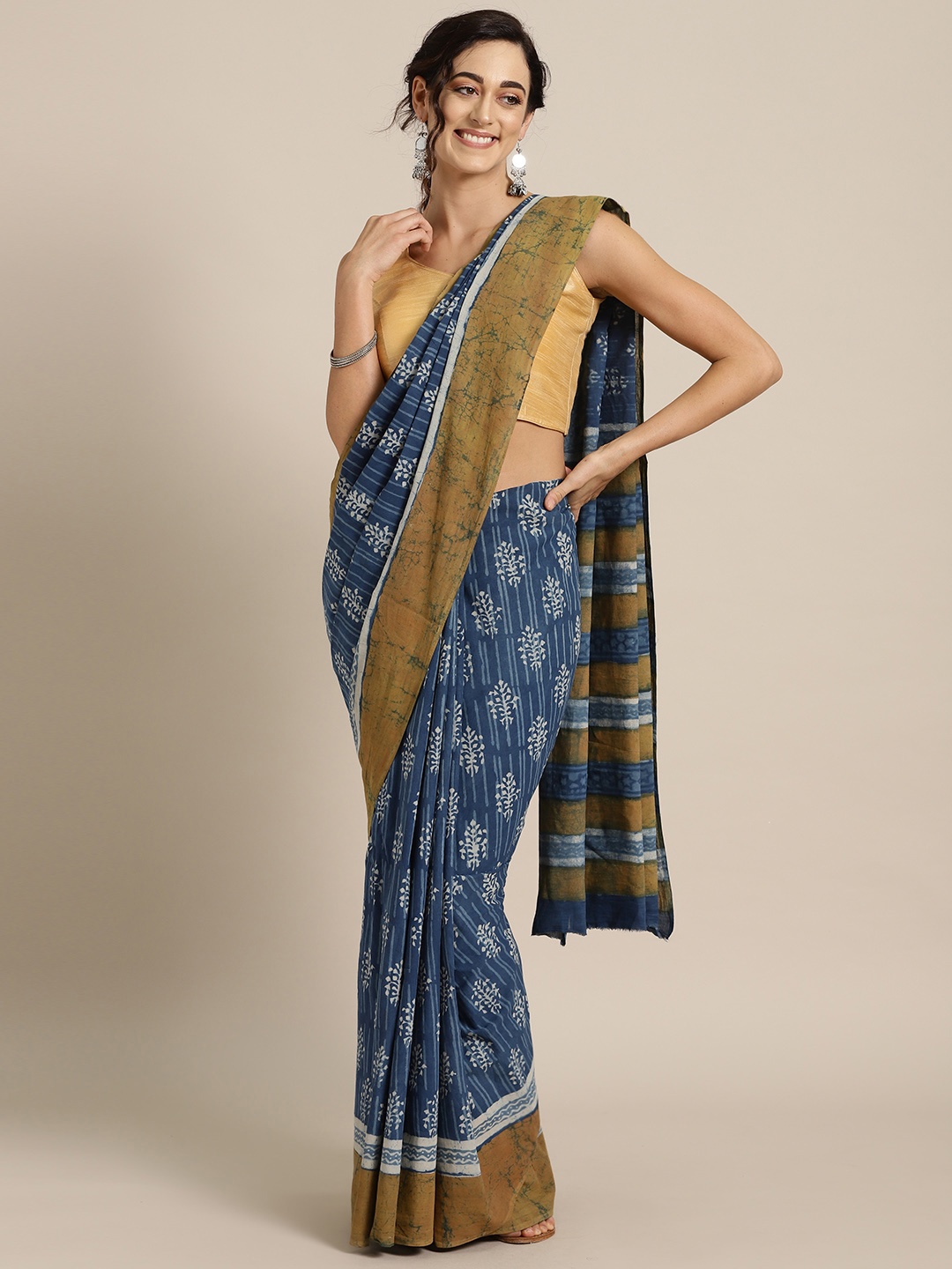 

Geroo Jaipur Blue & Brown Bagru Hand Block Printed Pure Cotton Sustainable Saree, Navy blue