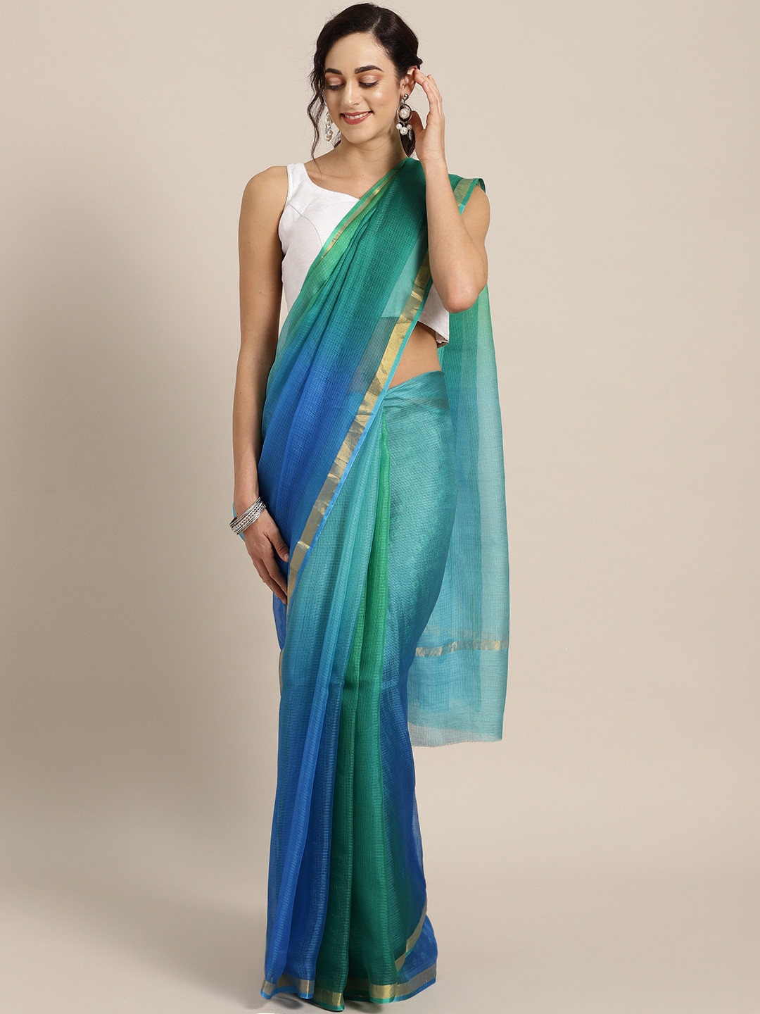 

Geroo Jaipur Hand Dyed Shaded Blue Kota Silk Sustainable Saree, Green
