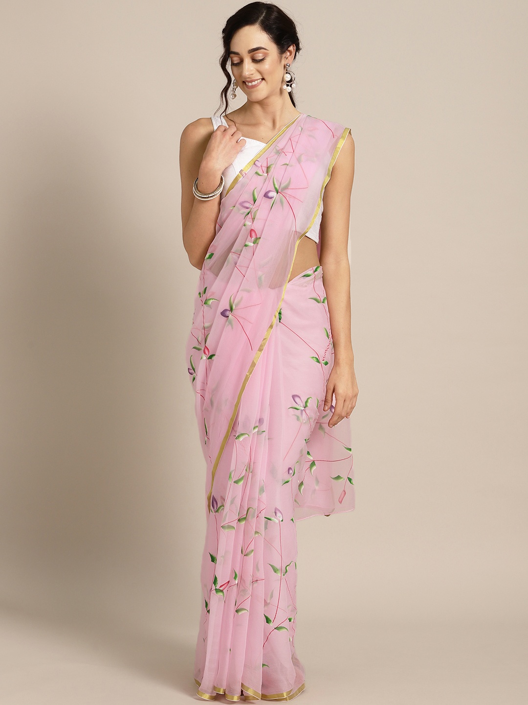 

Geroo Jaipur Pink Hand Painted Floral Pure Chiffon Sustainable Saree