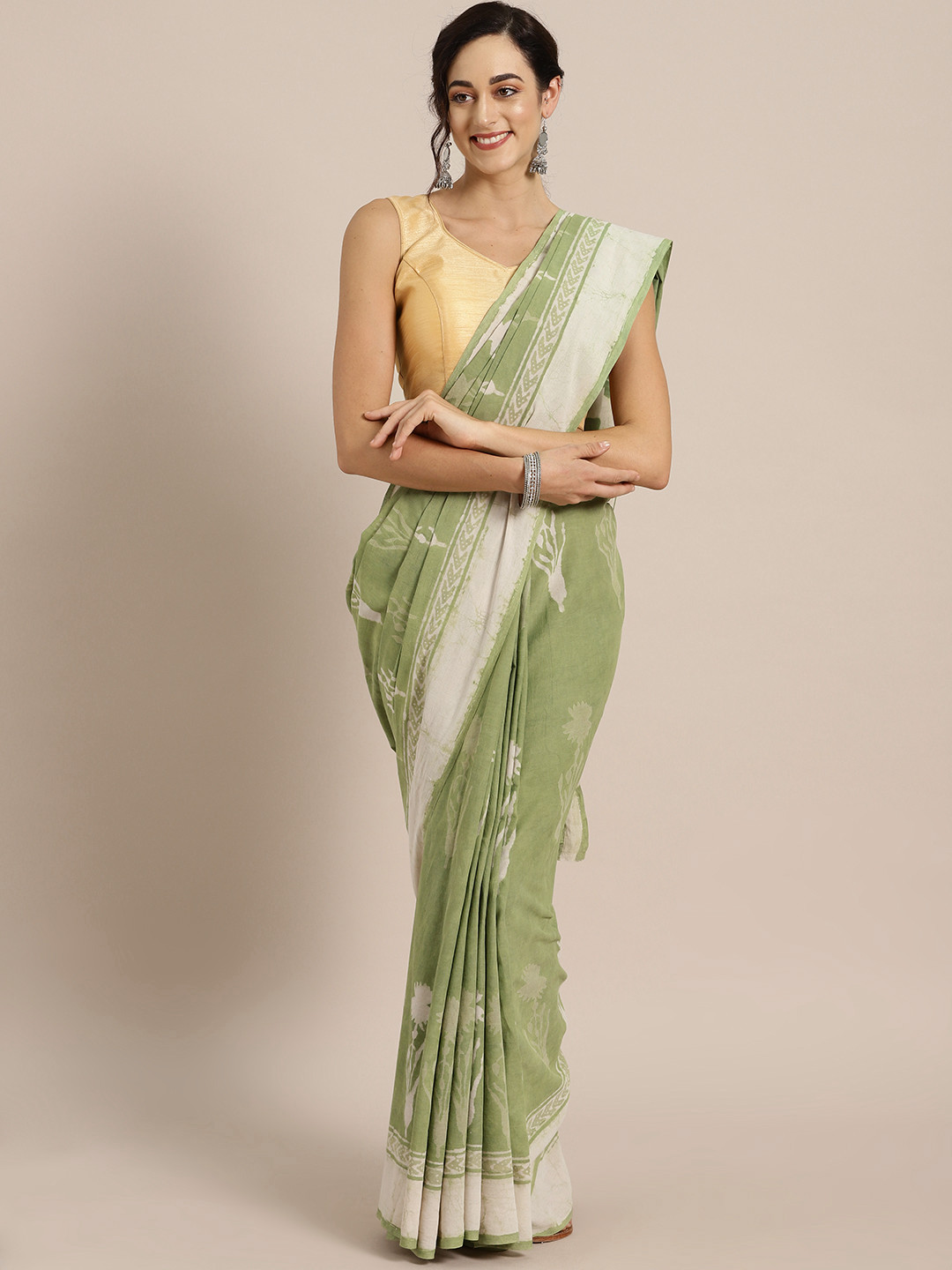

Geroo Jaipur Green & Off-White Bagru Hand Block Printed Pure Cotton Sustainable Saree