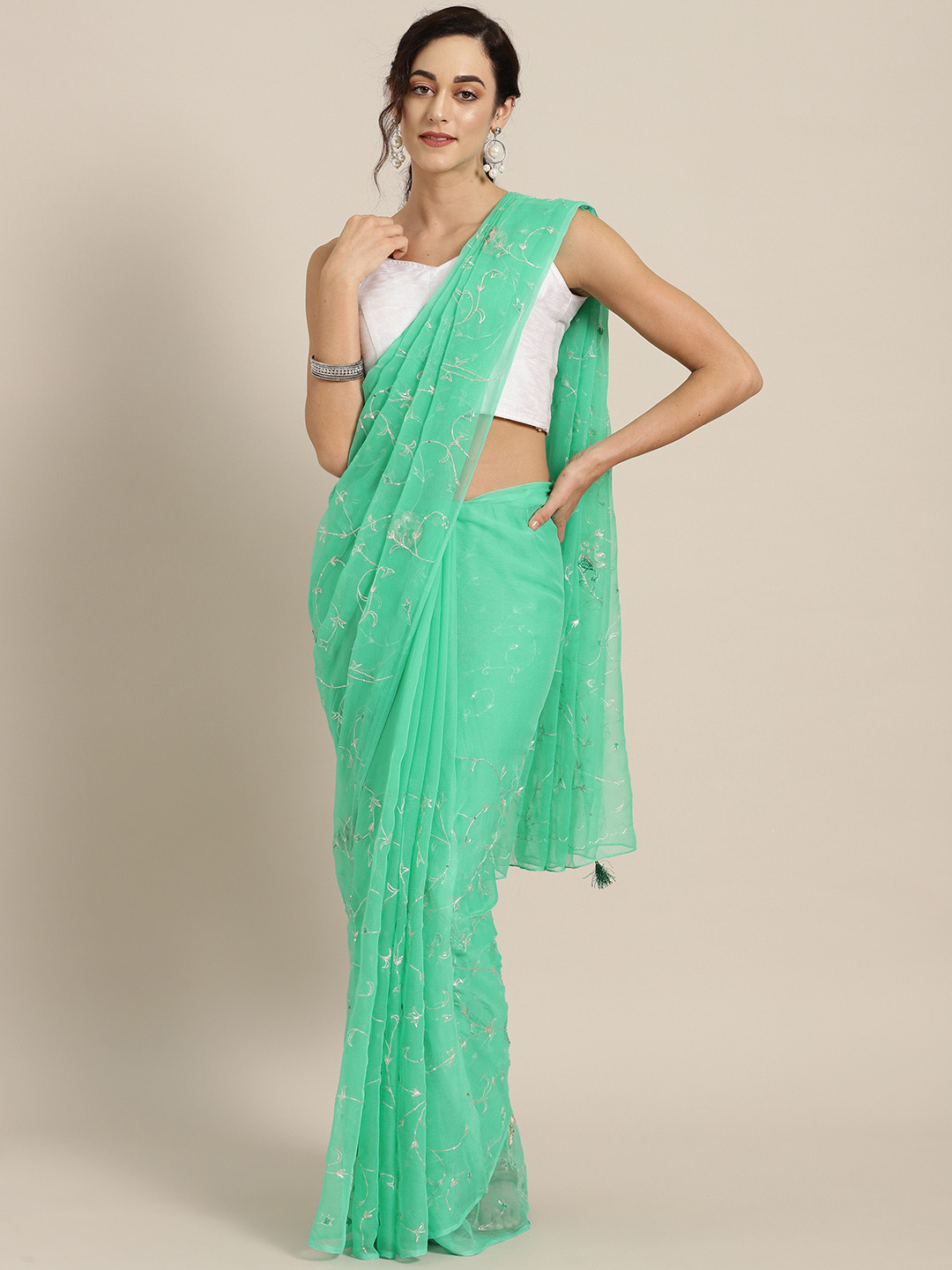 

Geroo Jaipur Green Hand Embroidered Pure Chiffon Sustainable Saree