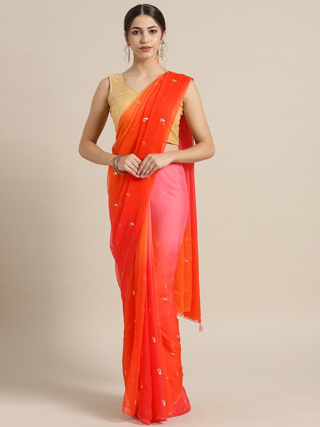 

Geroo Jaipur Coral Orange and Pink Hand Embroidered Pure Chiffon Sustainable Saree