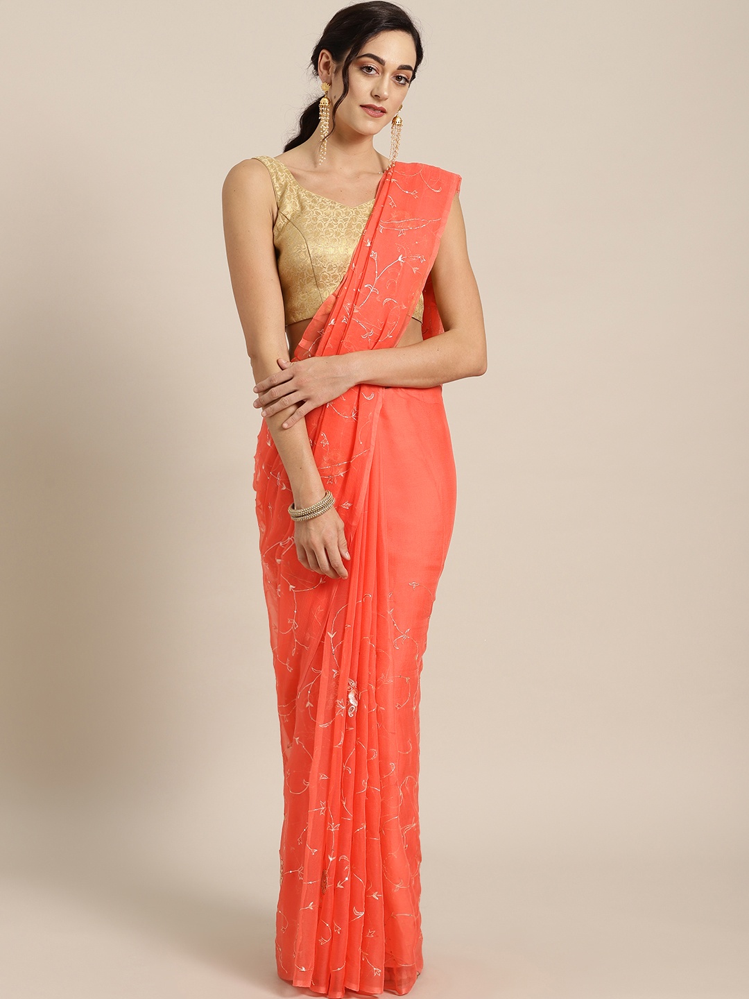 

Geroo Jaipur Orange Hand Embroidered Pure Chiffon Sustainable Saree