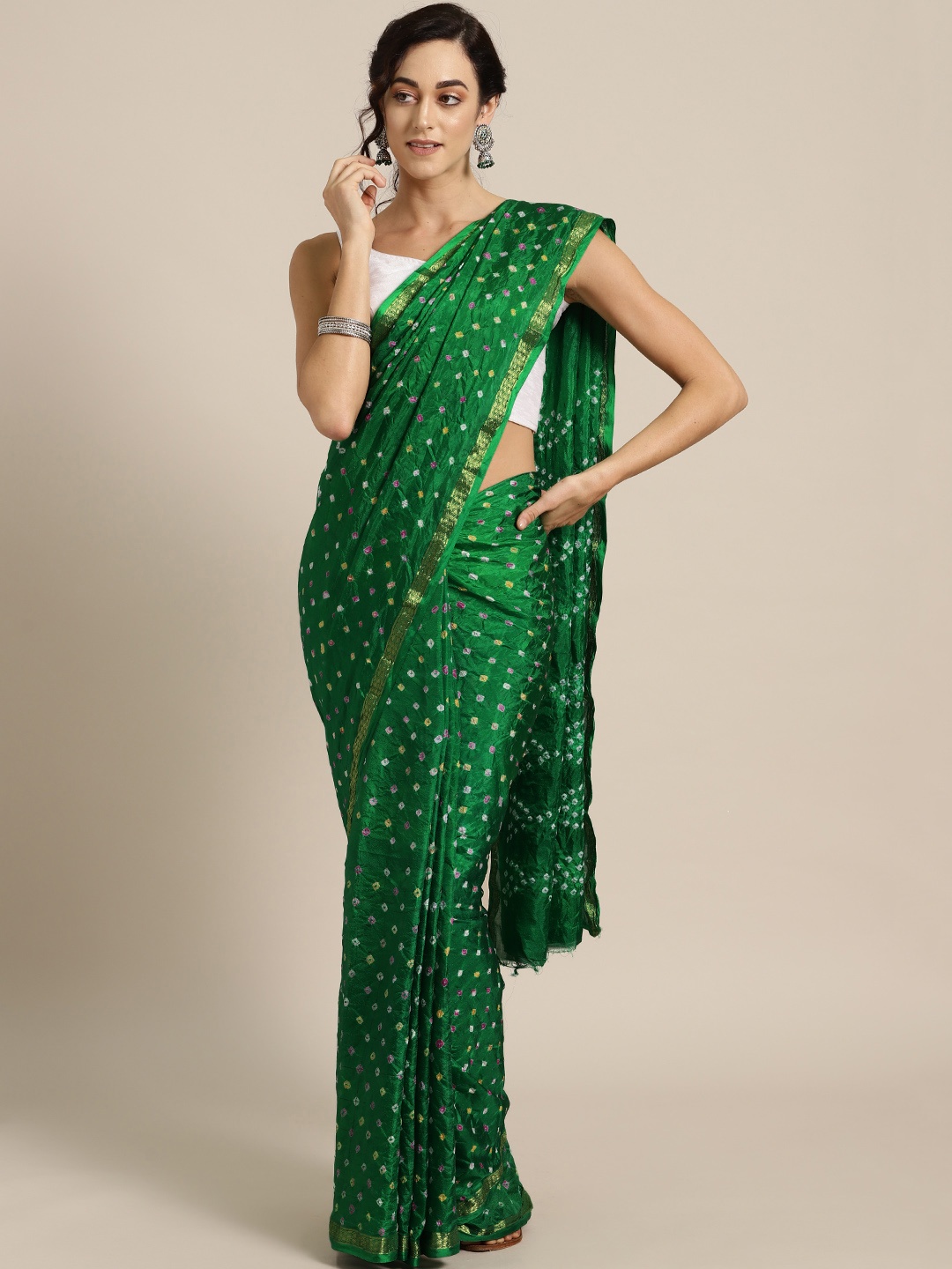 

Geroo Jaipur Hand Dyed Green Bandhani Silk Saree