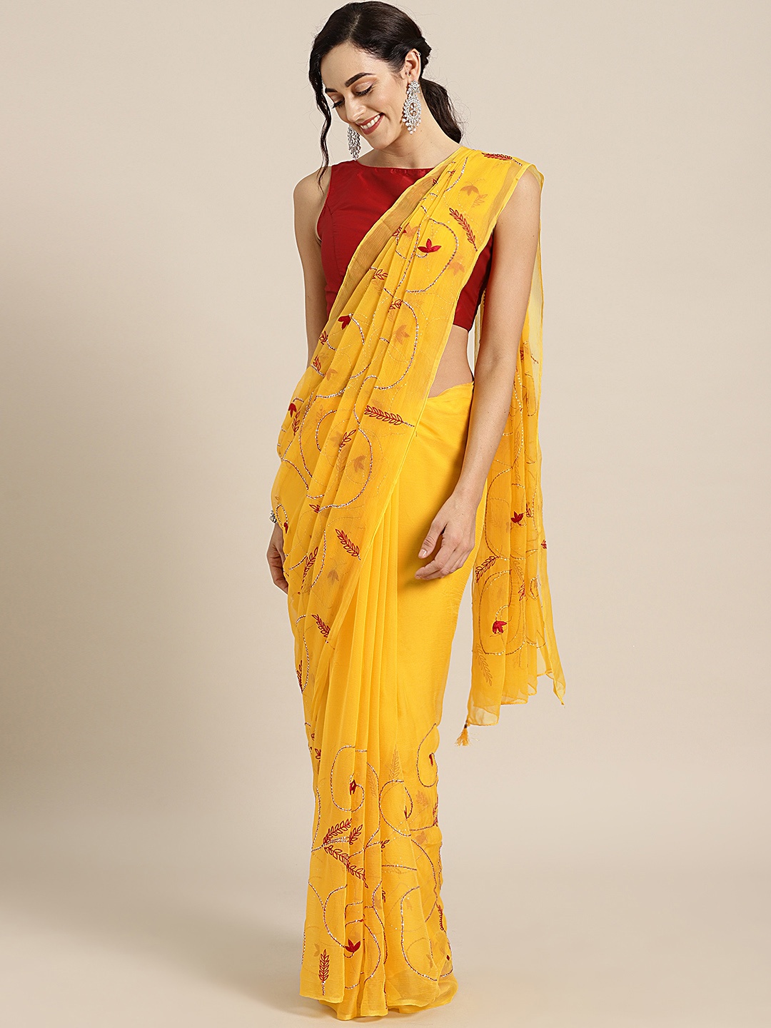 

Geroo Jaipur Yellow Hand Embroidered Pure Chiffon Sustainable Saree