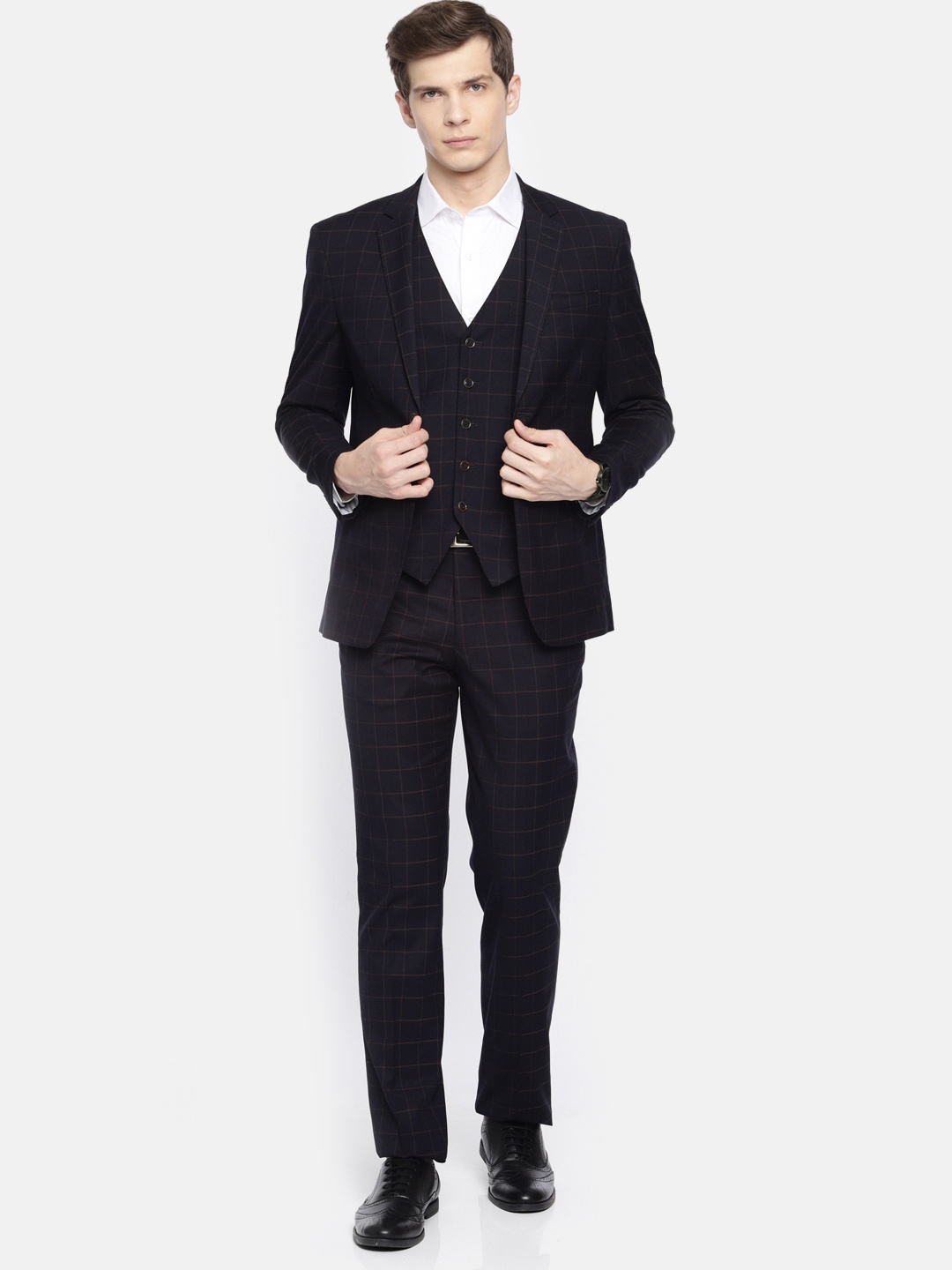 

Louis Philippe Men Navy Blue & Brown Checked Slim Fit Single-Breasted Formal Suit