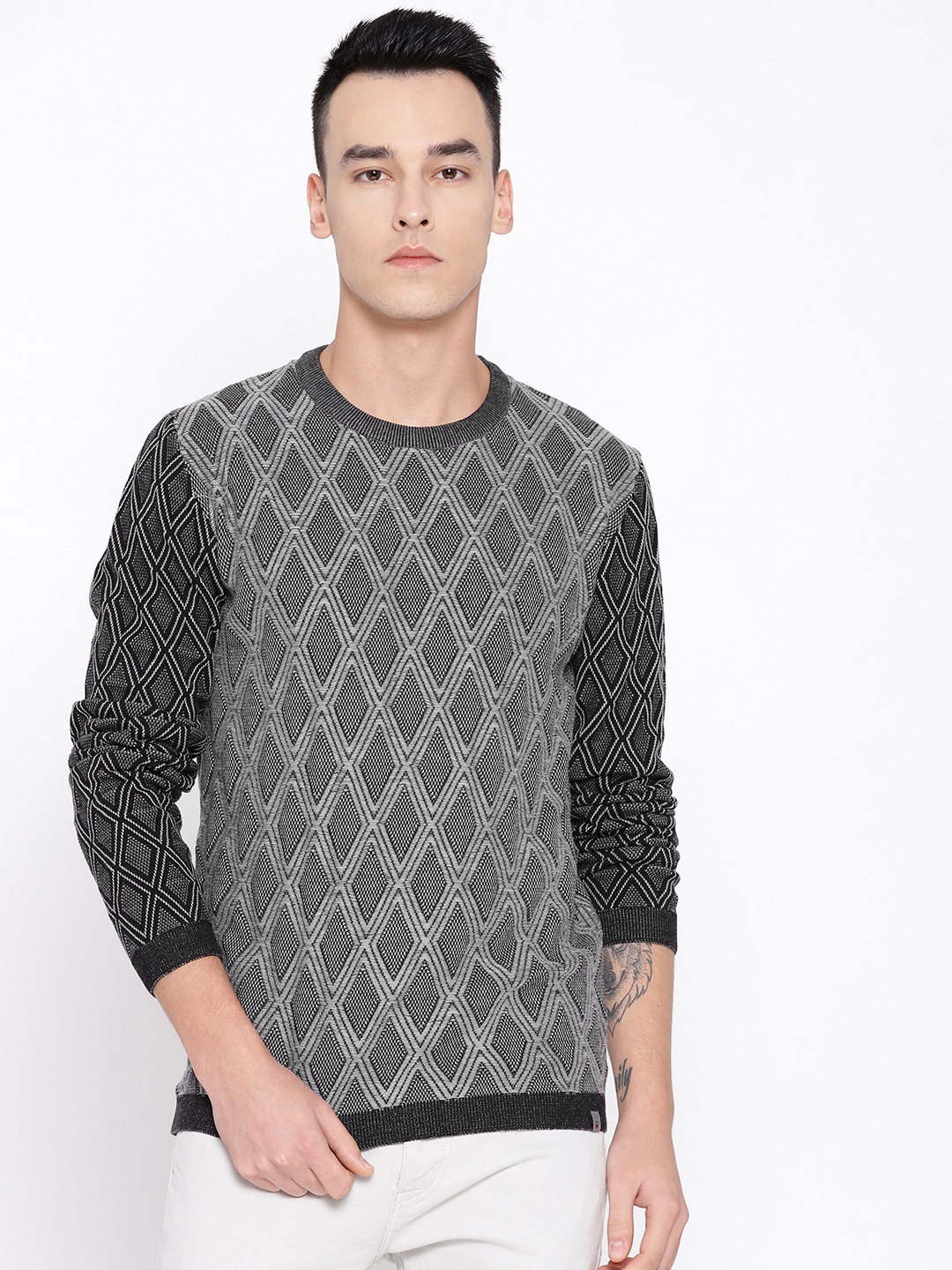 

Louis Philippe Jeans Men Black & Grey Self Design Sweater