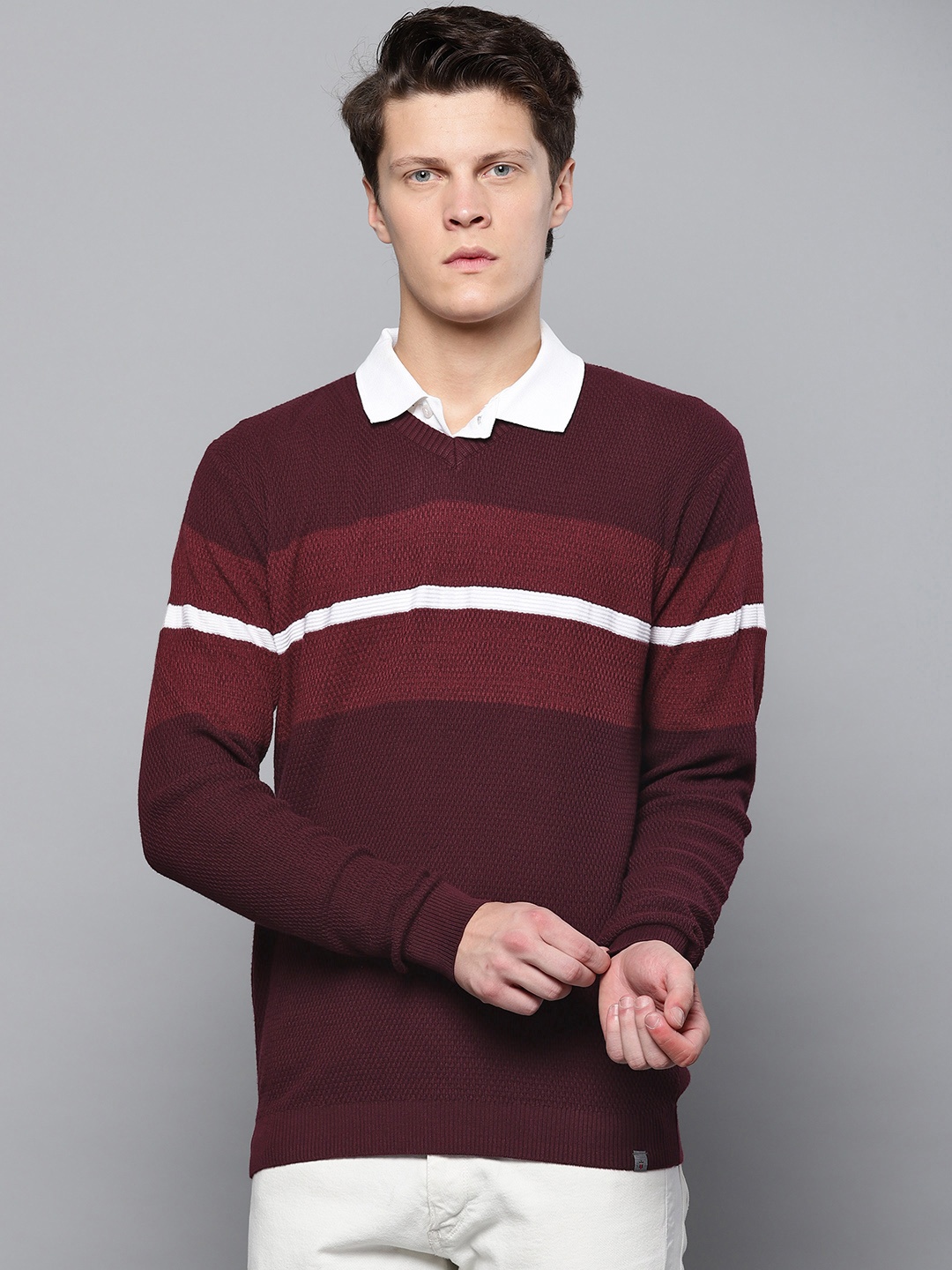 

Louis Philippe Sport Men Burgundy & Maroon Striped Sweater