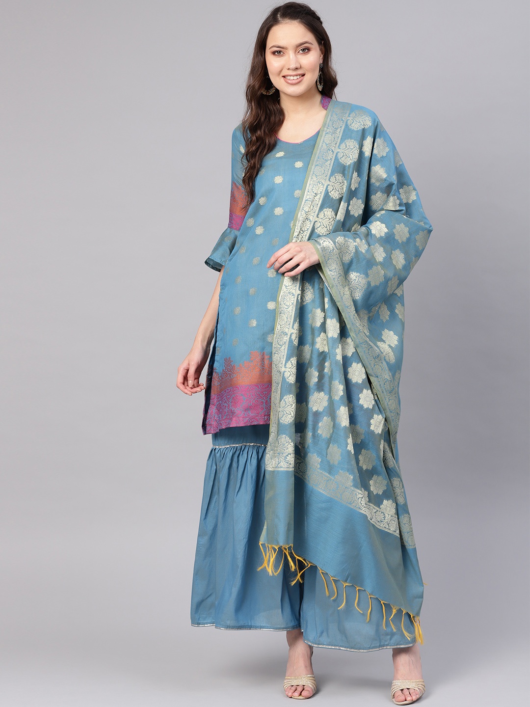 

Chhabra 555 Women Blue & Golden Woven Design Made-to-Measure Kurta Set