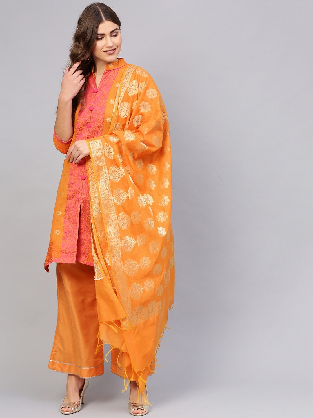 

Chhabra 555 Women Mustard Yellow & Golden Woven Design Made-to-Measure Kurta Set