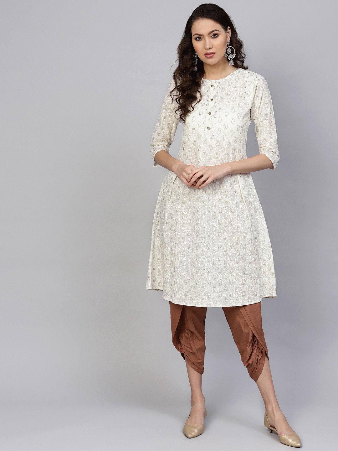 

Indo Era Women Off-White & Golden Foil Print A-Line Kurta