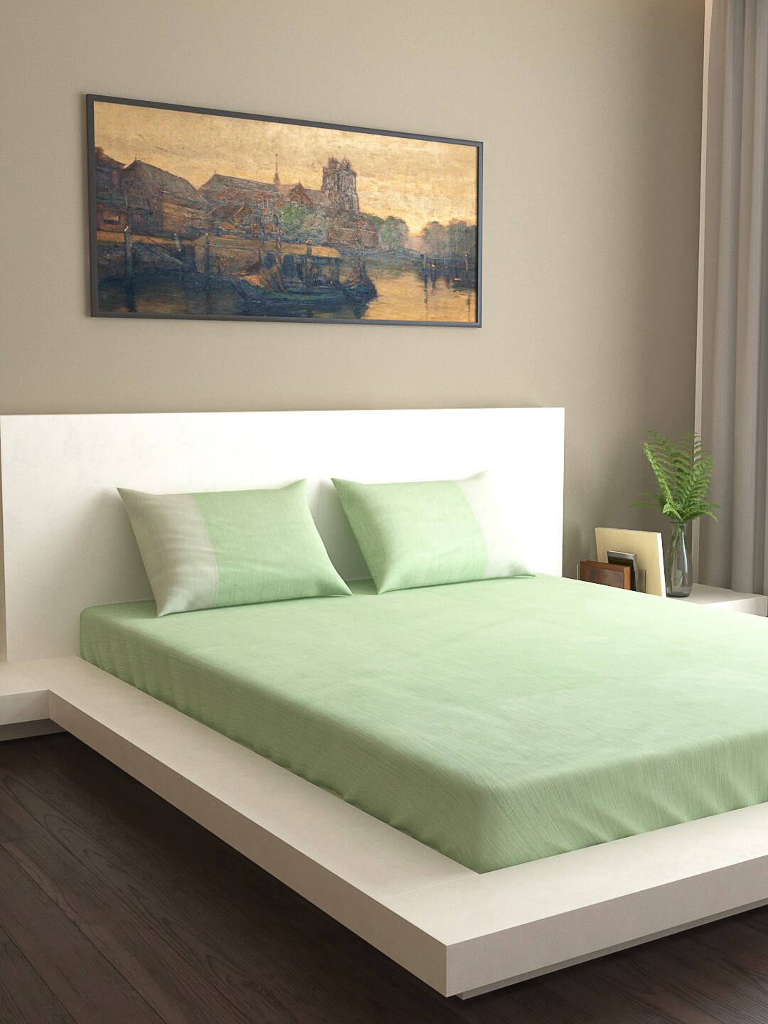 

MARK HOME Green Solid 300 TC Cotton 1 King Bedsheet with 2 Pillow Covers
