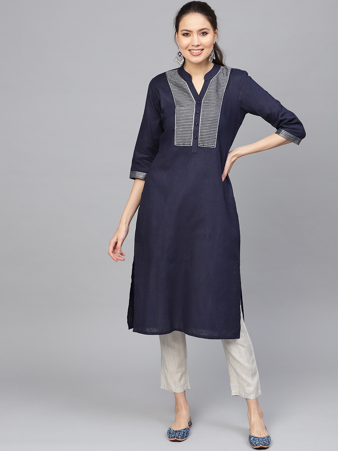 

Indo Era Women Navy Blue Yoke Design Straight Kurta