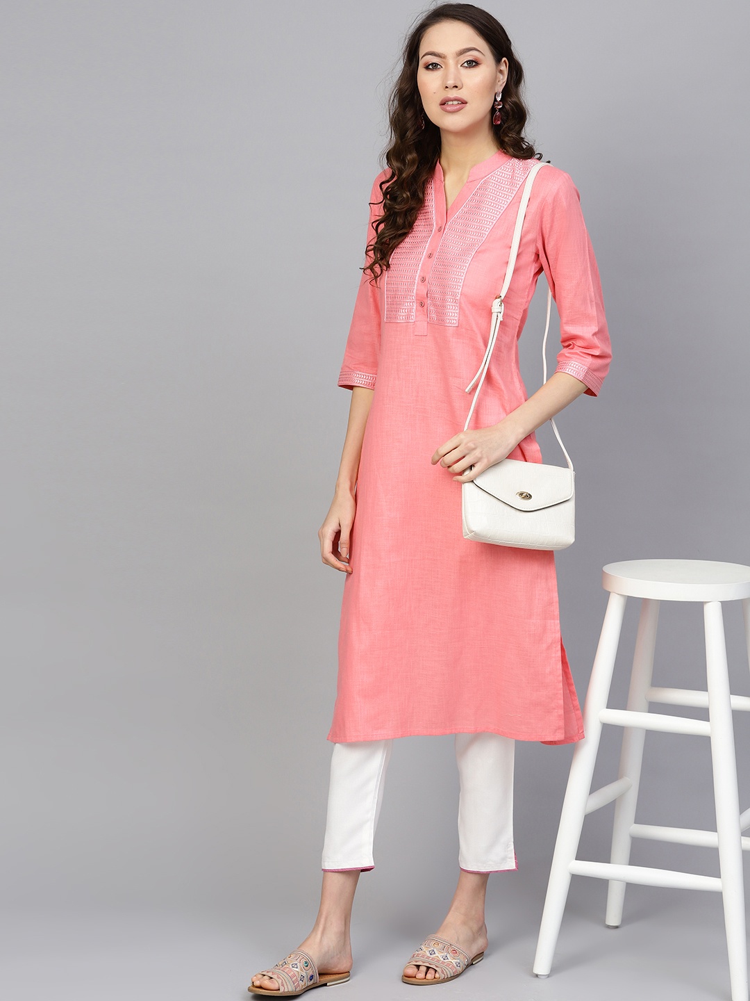 

Indo Era Women Pink Yoke Design Straight Kurta