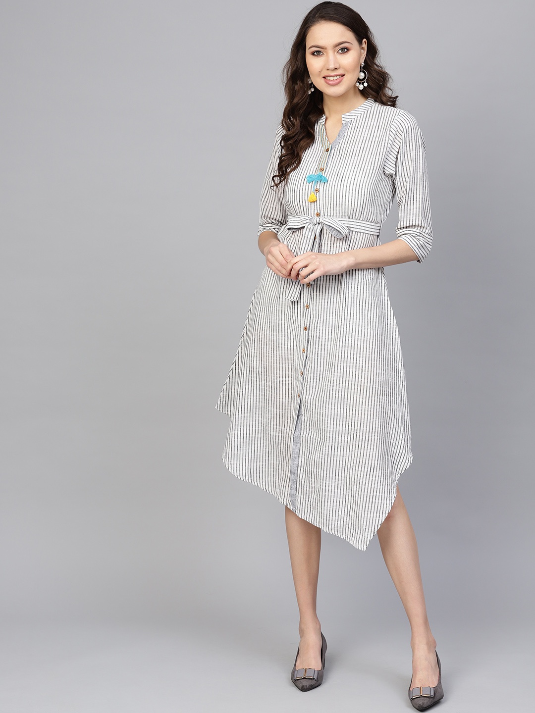 

Indo Era Women Off-White & Black Striped A-Line Dress