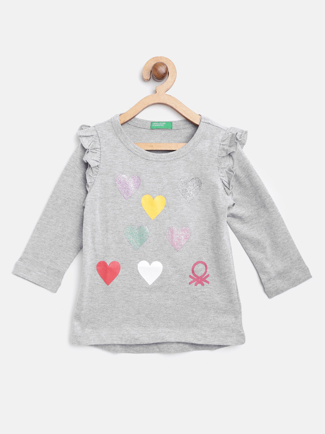 

United Colors of Benetton Girls Grey Melange Printed Pure Cotton Top