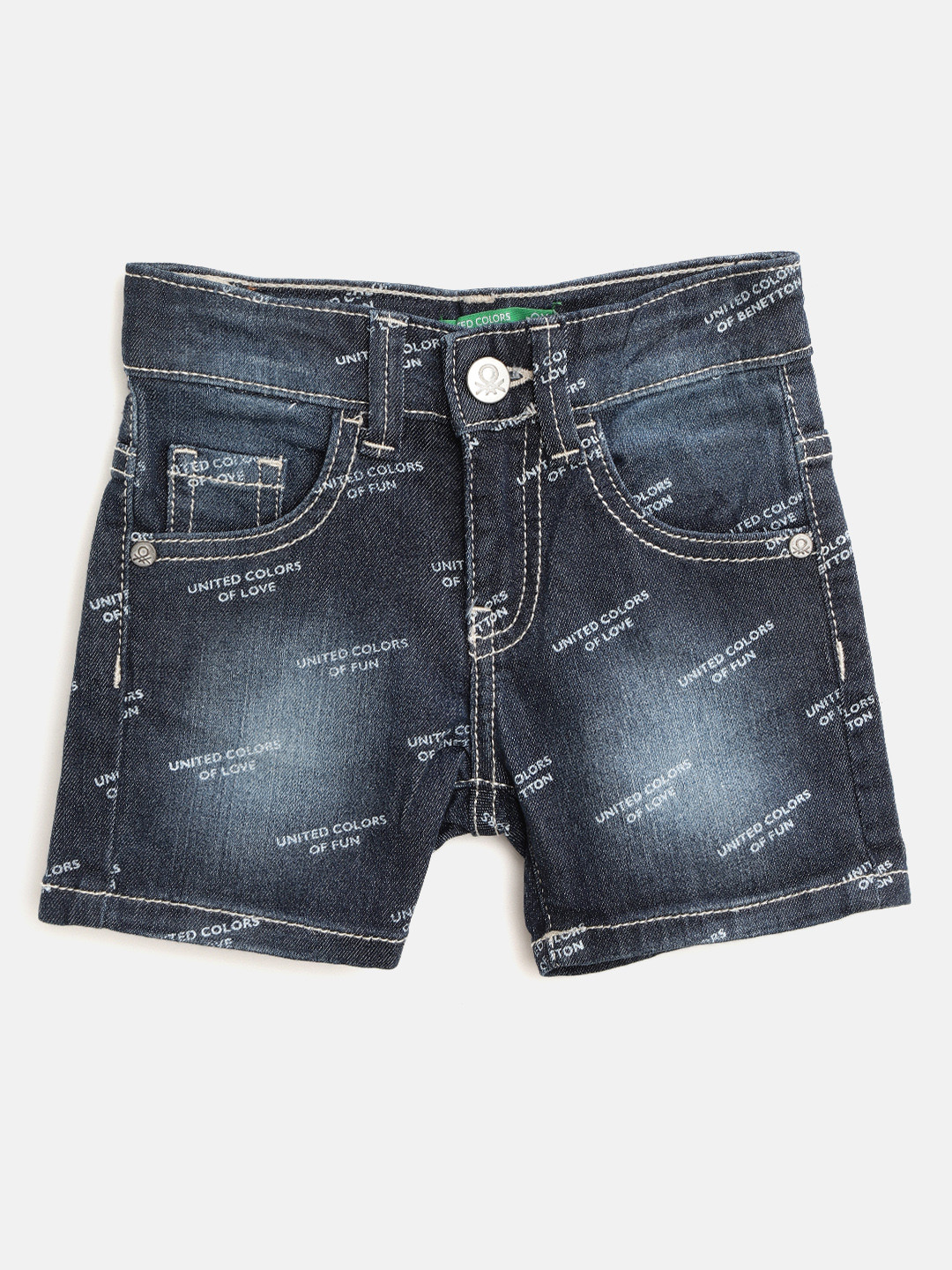 

United Colors of Benetton Boys Navy Blue Printed Regular Fit Denim Shorts