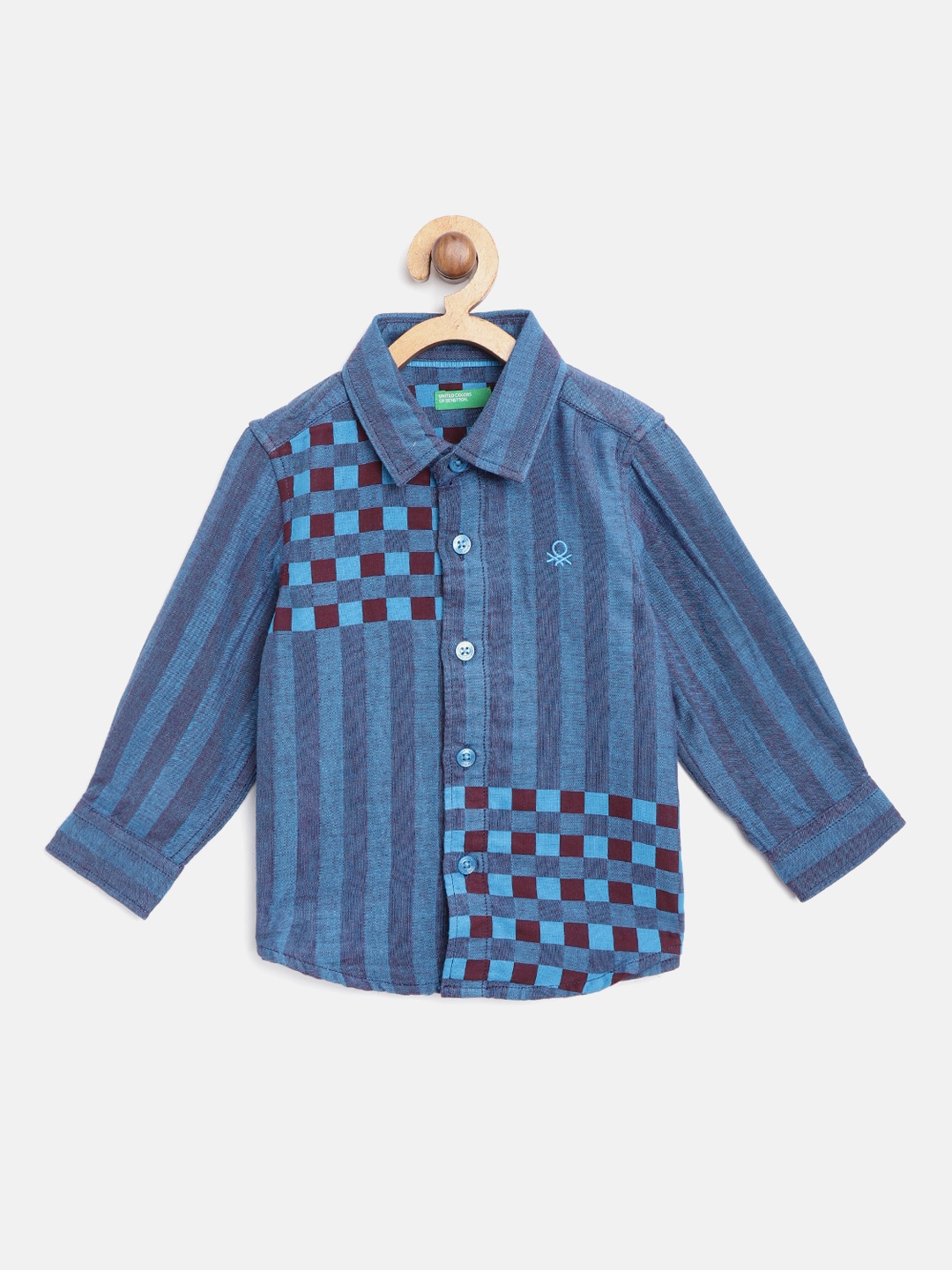 

United Colors of Benetton Boys Blue & Burgundy Regular Fit Checked Casual Shirt